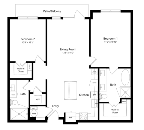 Floor plan for 2 beds, 2 baths, 1136 sqft